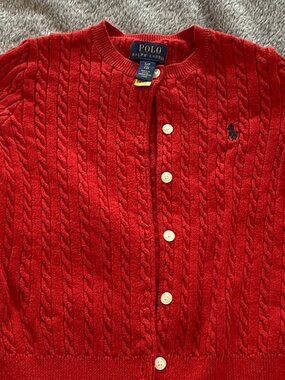 Polo Ralph Lauren Girls Red Cable Knit Cardigan Sweater Size S/P (7) Navy Pony